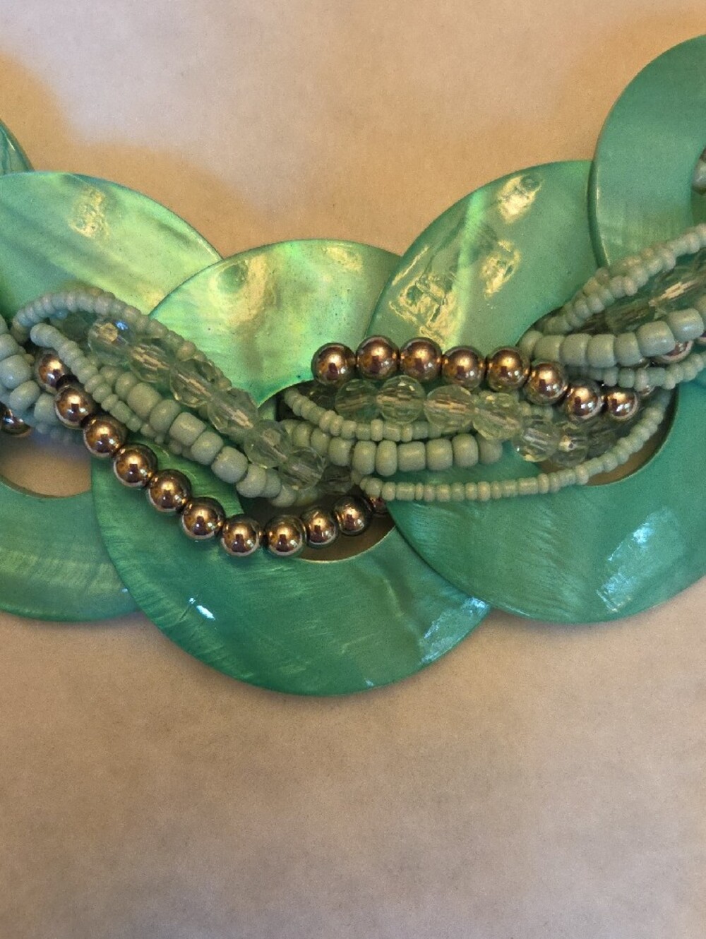 Fashion Jewelry Mint Green Layered Disc Necklace with Silver Beads - Picture 4 of 4